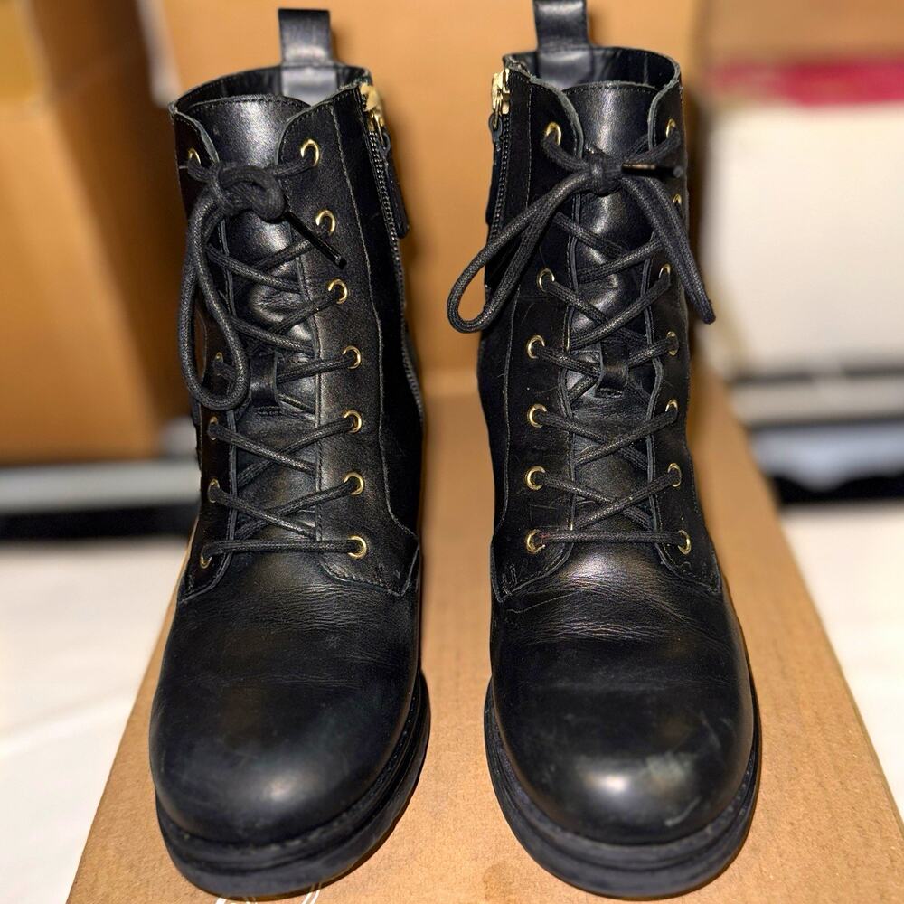 Cole Haan Camea Waterproof Black Leather Combat Boots Lace-Up Side Zip 7B W20768